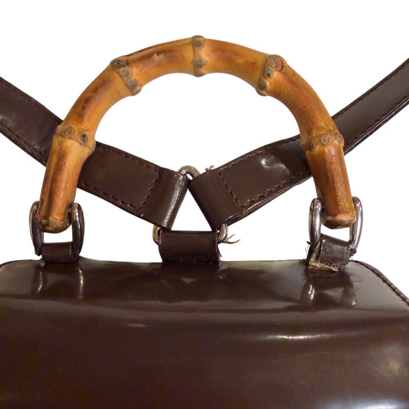 Vintage Gucci Brown Mini Backpack w/ Bamboo Handle Patent Leather + Nylon Auth main image 9